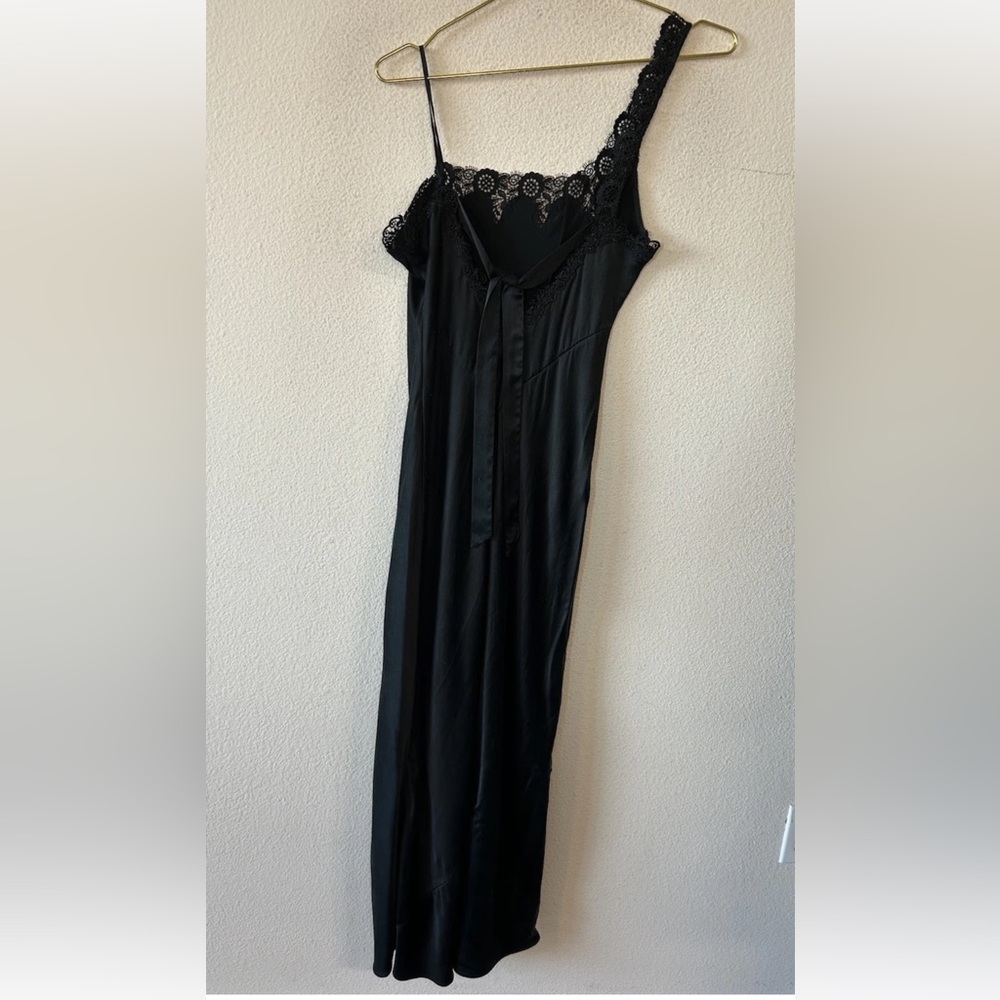 Vintage Y2K Black Silk Slip Dress Lace One Shoulder Maxi Goth S/M - Picture 13 of 13